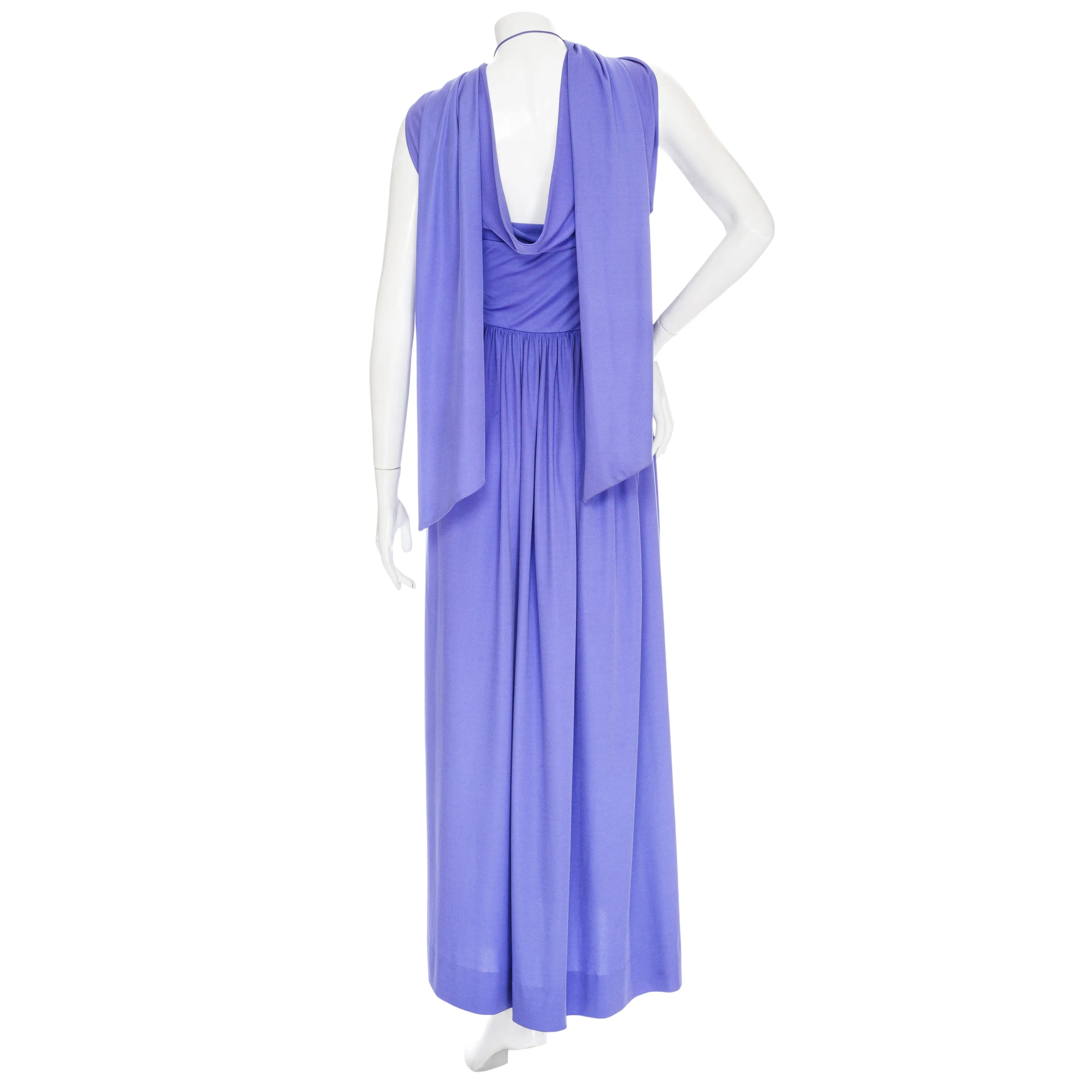 1970s Purple Spaghetti Strap Scarf-Neck Maxi Dress