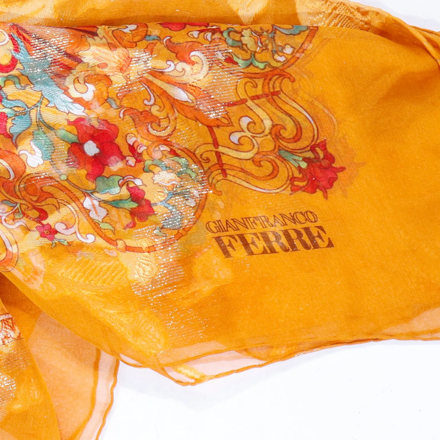 1980s Gianfranco Ferre Vintage Orange Blue Red Silk Metallic Scarf