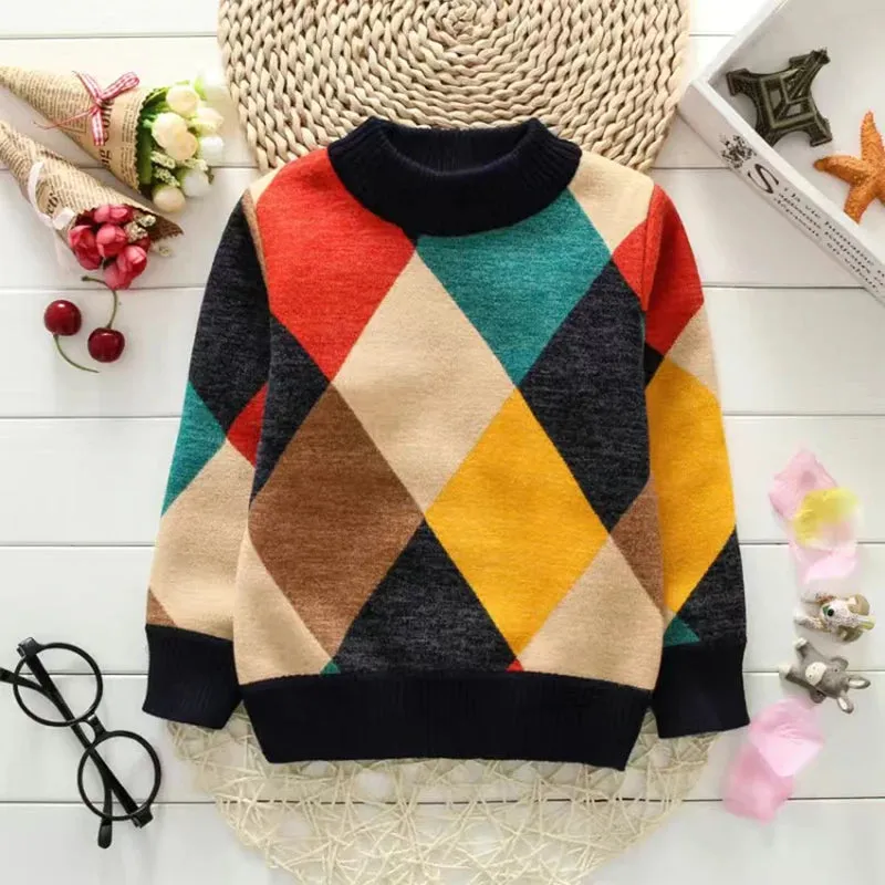 2023 Autumn Winter England Style New Kids boy Plaid Sweater Coat Children Clothing Baby jacquard Cotton Boys Pullover 4-10Y