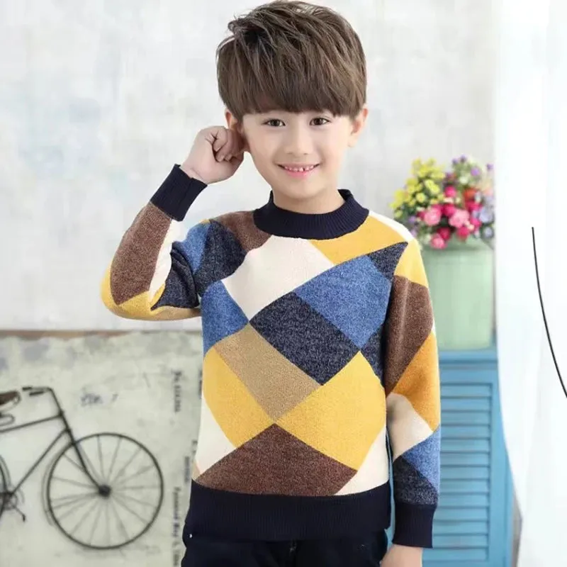 2023 Autumn Winter England Style New Kids boy Plaid Sweater Coat Children Clothing Baby jacquard Cotton Boys Pullover 4-10Y