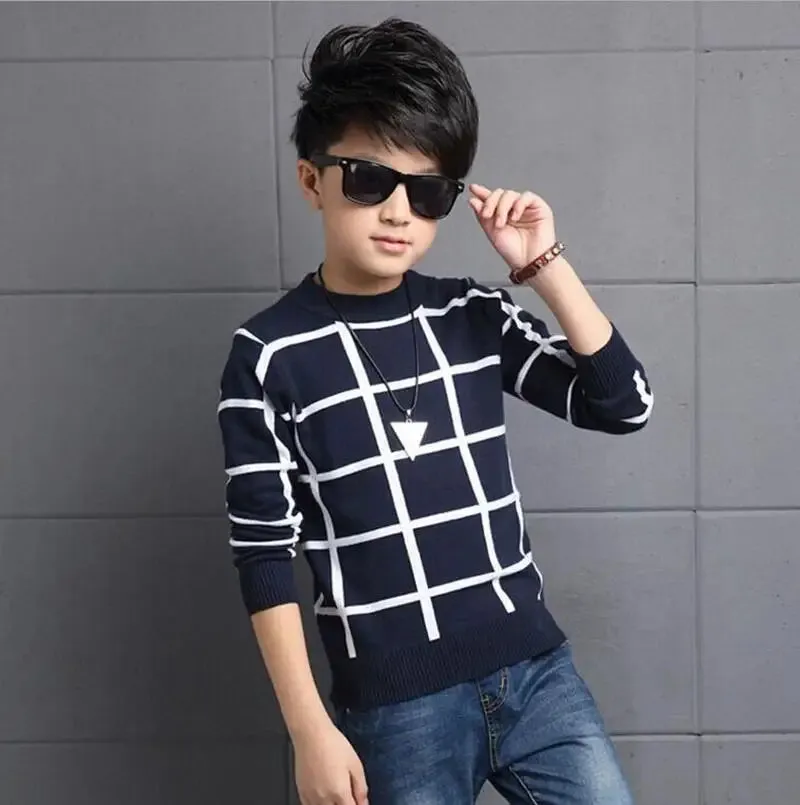 2023 Autumn Winter England Style New Kids boy Plaid Sweater Coat Children Clothing Baby jacquard Cotton Boys Pullover 4-10Y