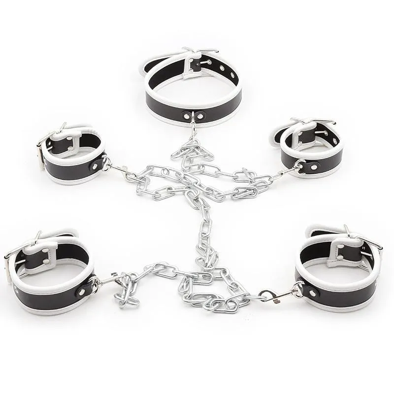 2375MQ      White Trimmed Black 6 Pc. Cuffs, Collar and Chains Bondage Slave Starter Set