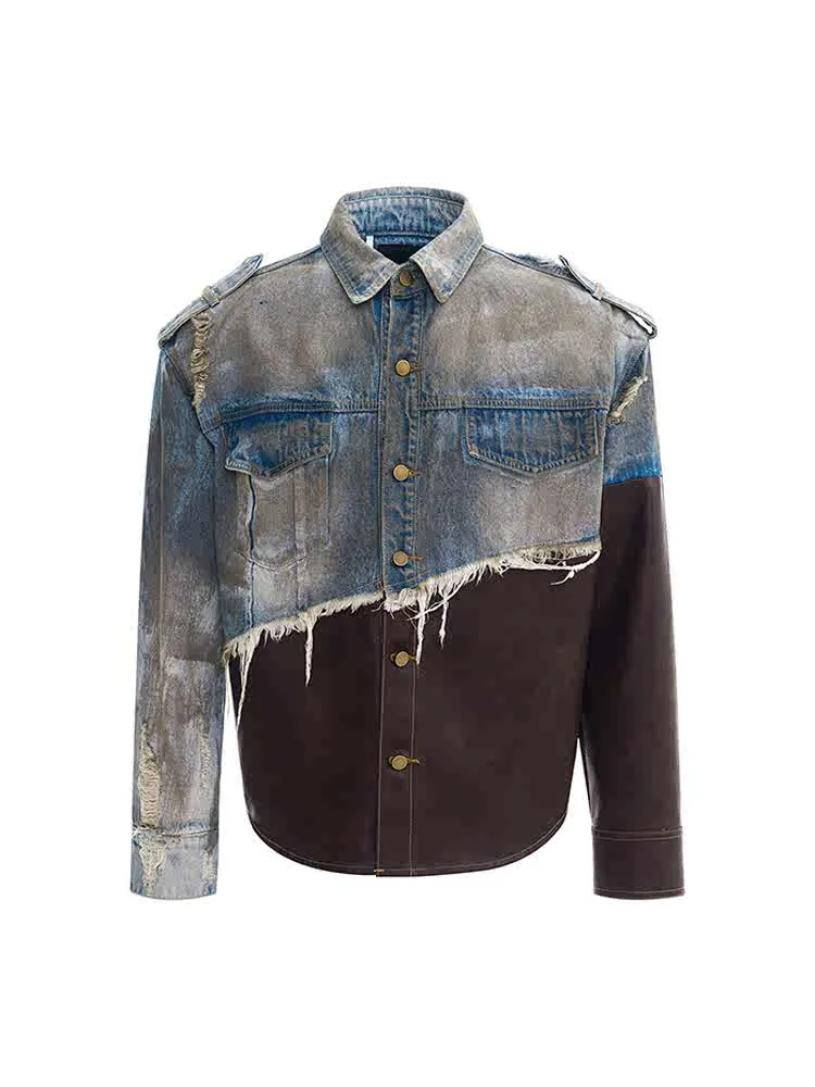 【24s Nov.】Vintage Distressed Patchwork Leather Denim Jacket