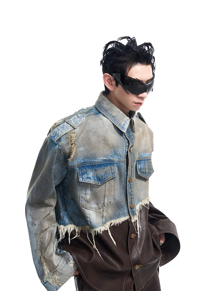 【24s Nov.】Vintage Distressed Patchwork Leather Denim Jacket