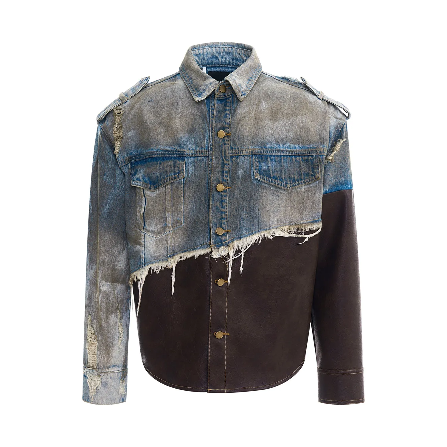 【24s Nov.】Vintage Distressed Patchwork Leather Denim Jacket