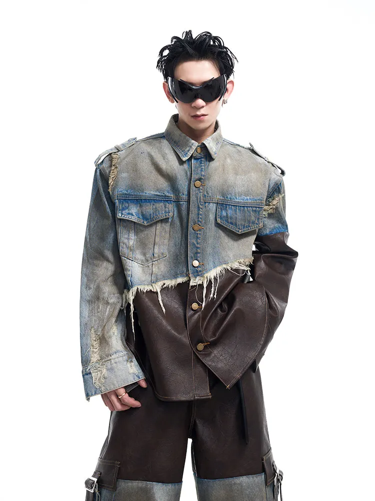 【24s Nov.】Vintage Distressed Patchwork Leather Denim Jacket