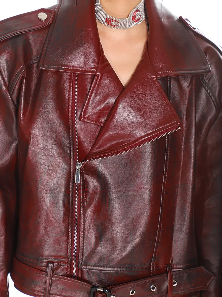 【24s Otc】Red Outline Niche Stand Collar Motorcycle Leather Jacket