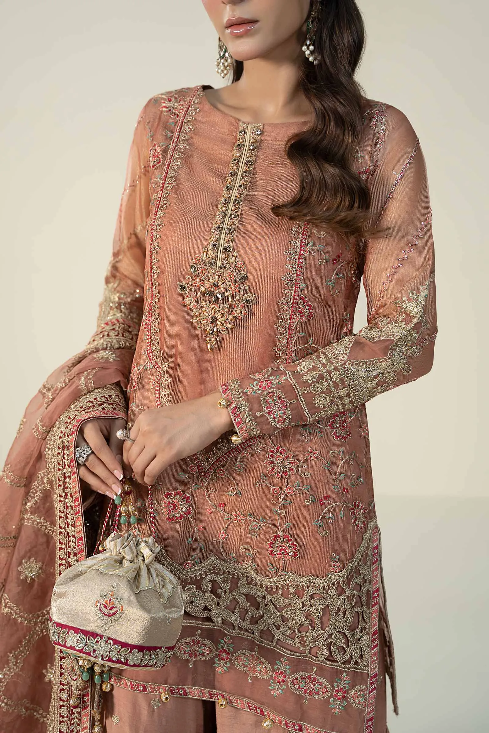 3 Piece Embroidered Zari Net Suit | SF-W24-24