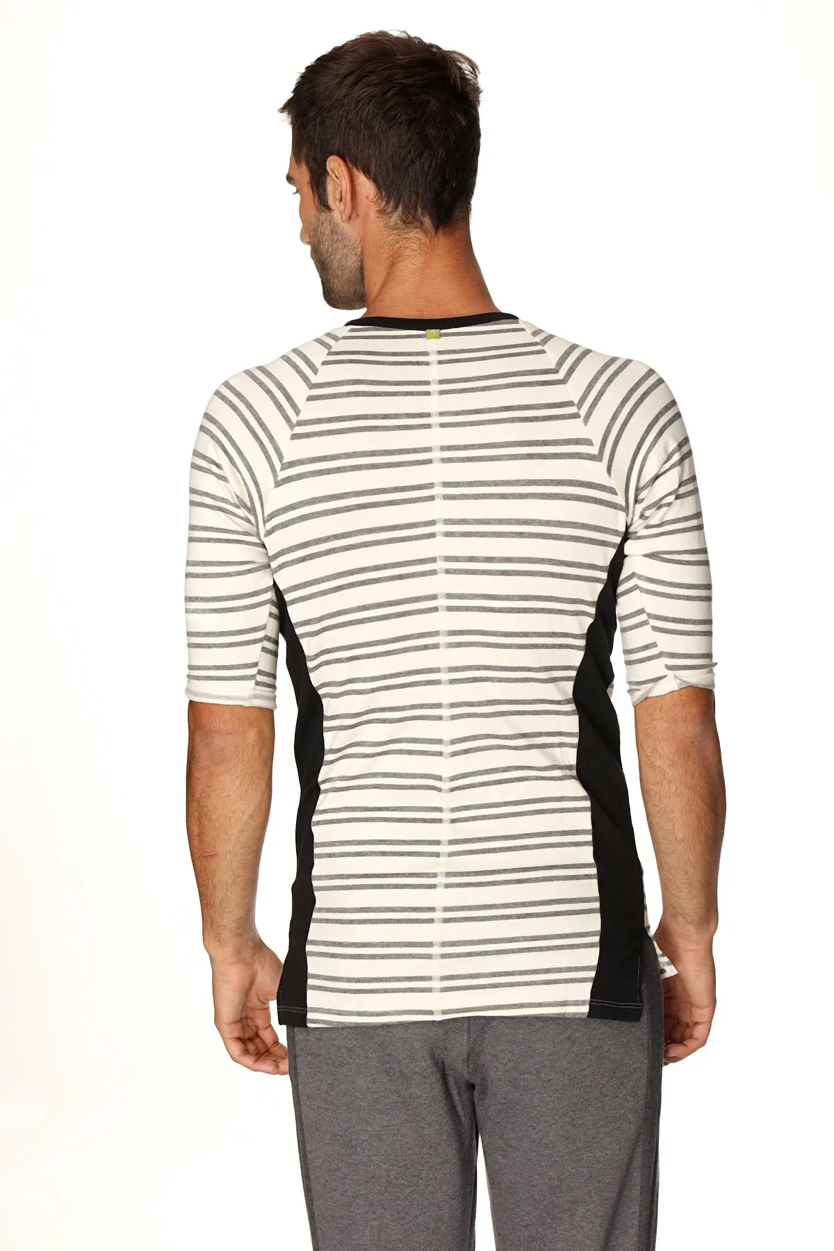 4-rth Mens Vintage-Stripe Henley Tee in French Terry Loop (Dark Grey Double Stripe)