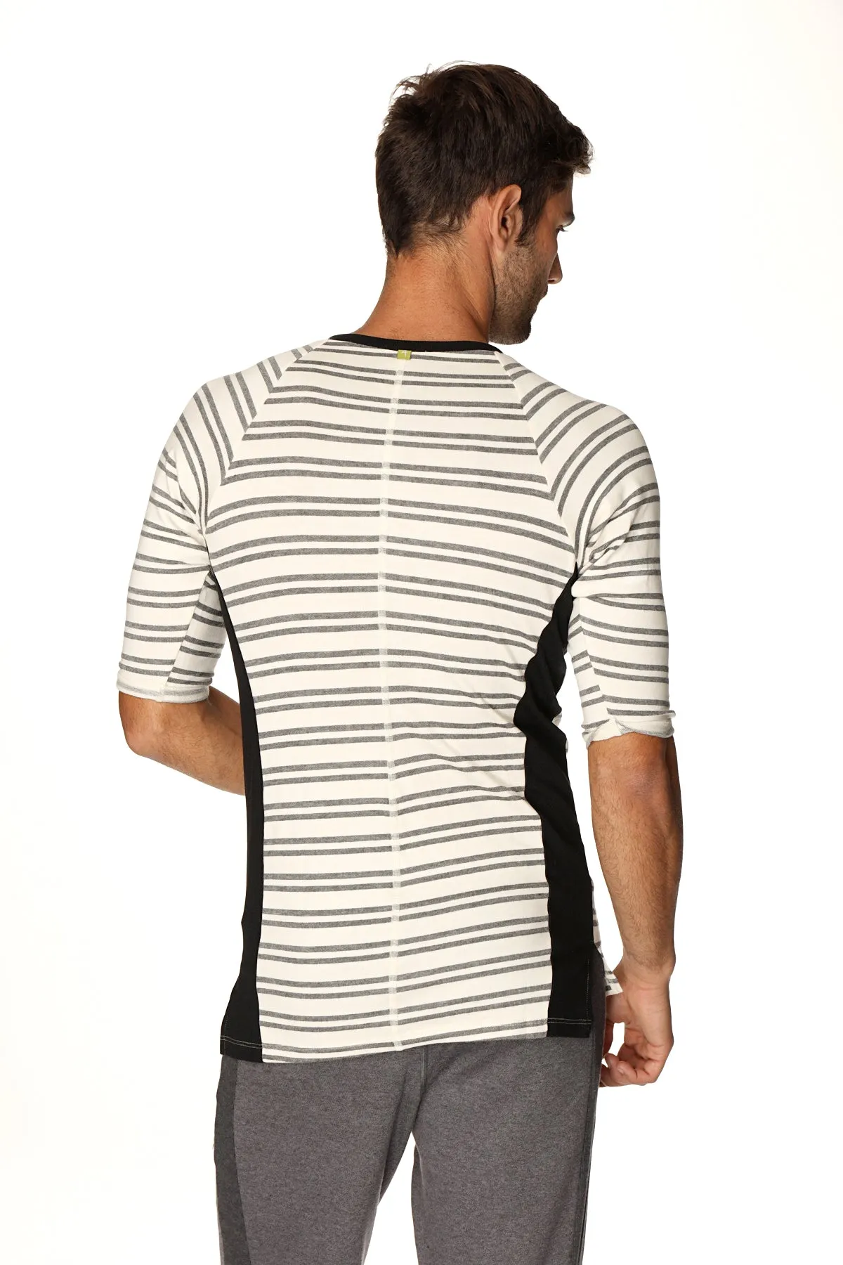 4-rth Mens Vintage-Stripe Henley Tee in French Terry Loop (Dark Grey Double Stripe)