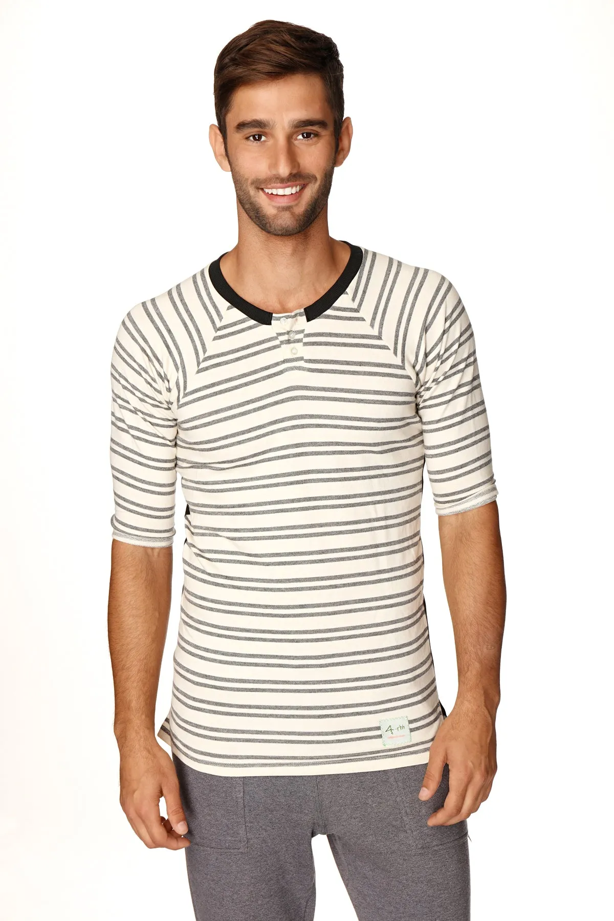 4-rth Mens Vintage-Stripe Henley Tee in French Terry Loop (Dark Grey Double Stripe)