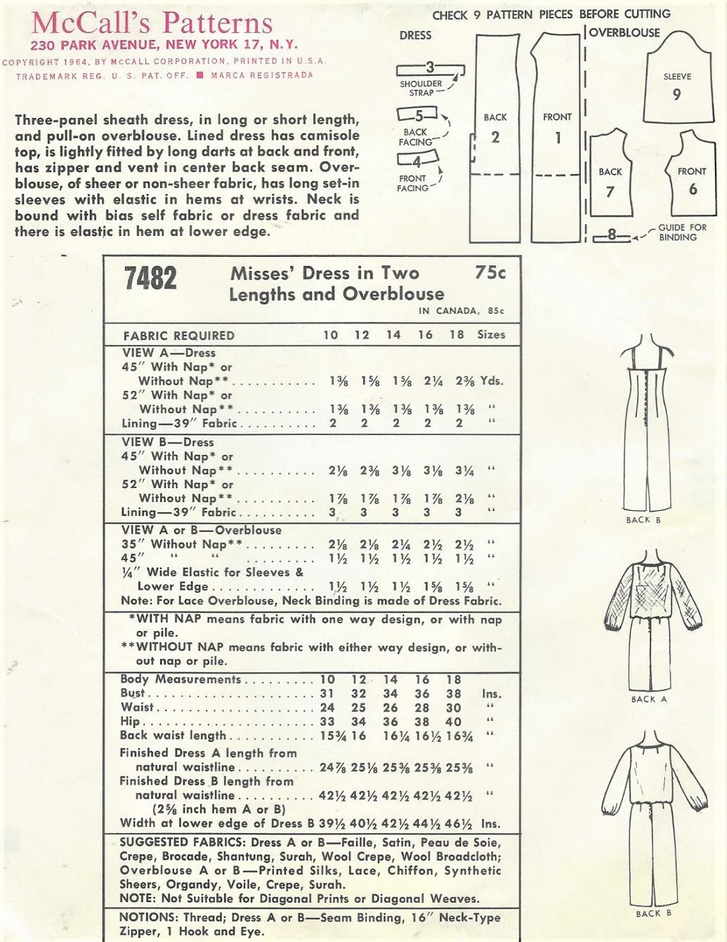 60s CLASSY Evening Sheath Cocktail Dress Pattern McCALLS 7482 Figure Molding Sheath, Sheer Overblouse Bust 36 Vintage Sewing Pattern