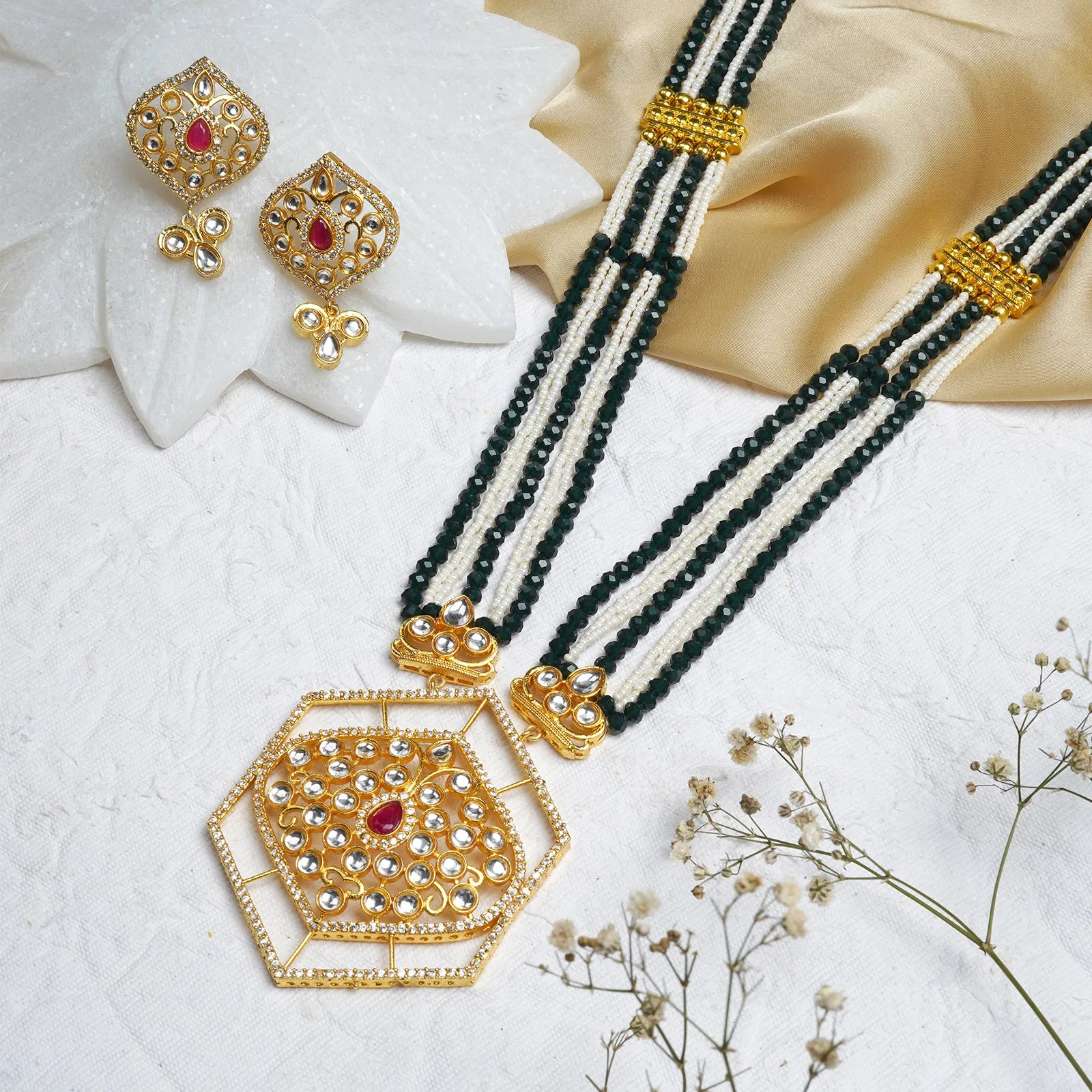 Aadhavi green beaded festive necklace set