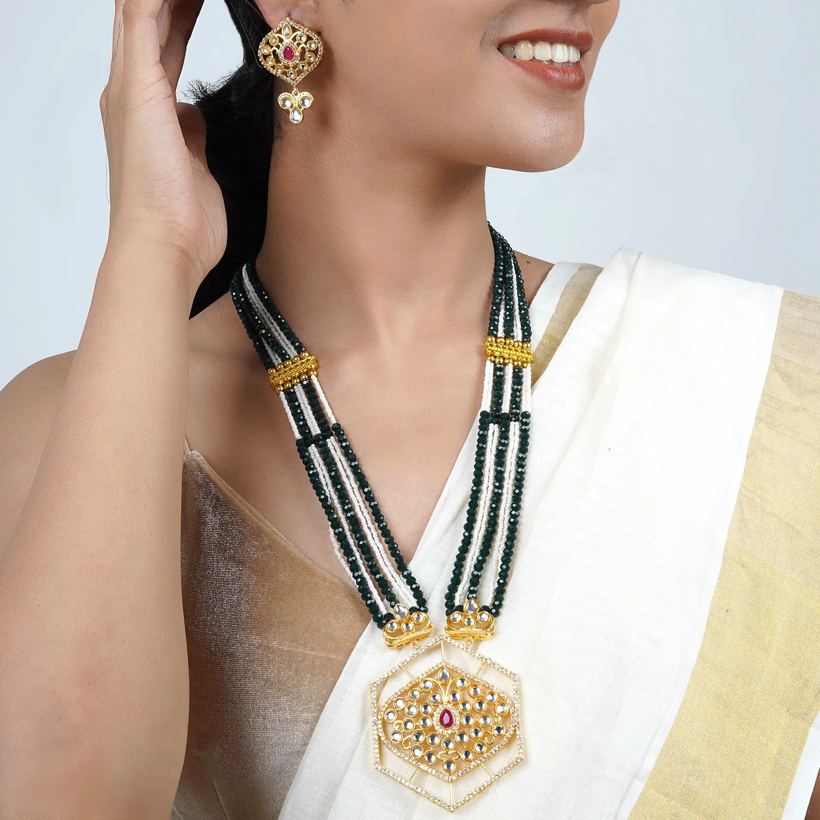 Aadhavi green beaded festive necklace set