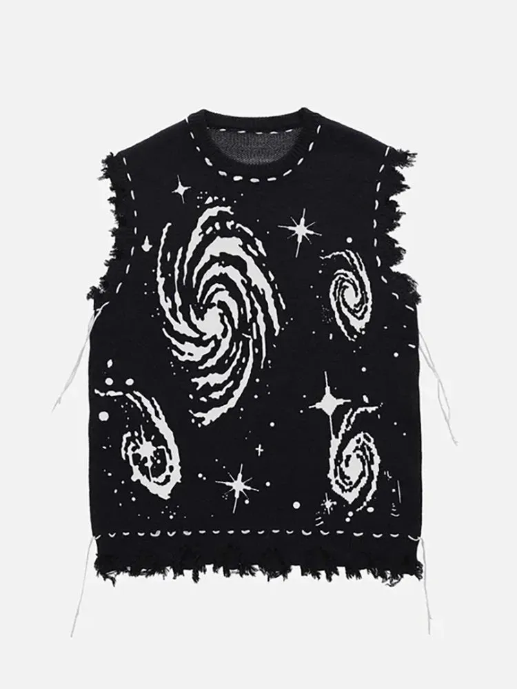 Aidase New Y2K Vest Sweater Vintage Pleated Creative Stripe Damaged Knitted Pullover Vest Men and Women Oversized Loose Cotton Vest