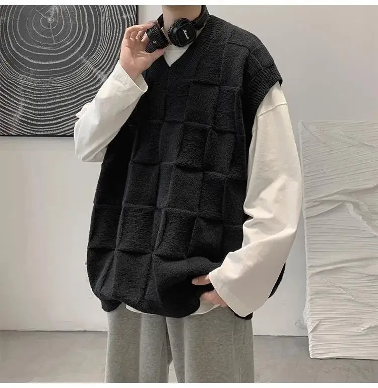 Aidase Spring Autumn Fashion Solid Casual Pullover Tess Vest Men Loose Knitted Top Student Preppy Style Sweater Gentle Retro Patchwork