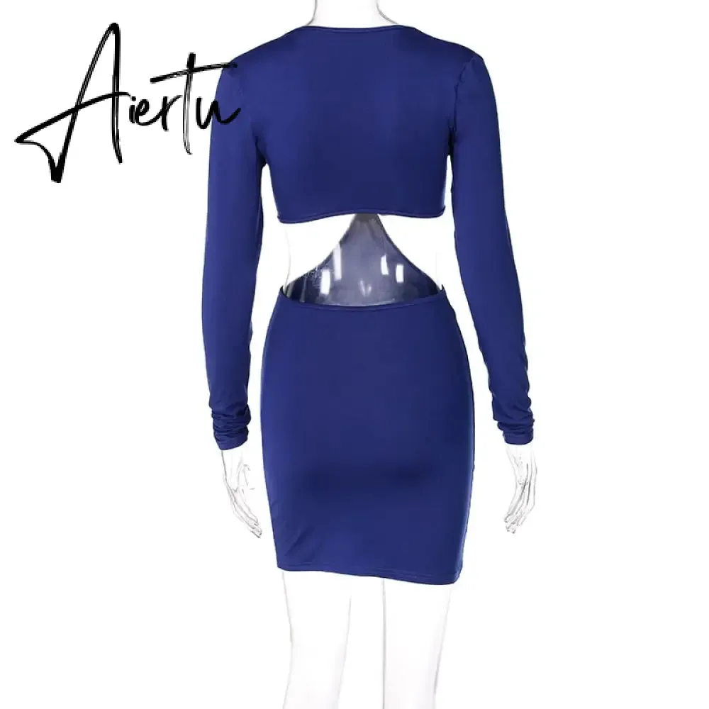 Aiertu Autumn Winter Women Hollow Out Patchwork Long Sleeve Midi Dress Revealing Neck Bodycon Sexy Casual Streetwear Y2K