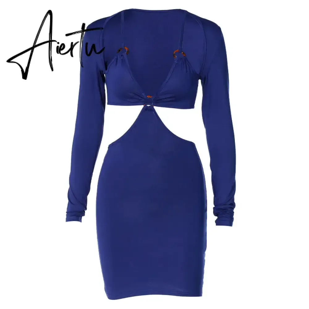 Aiertu Autumn Winter Women Hollow Out Patchwork Long Sleeve Midi Dress Revealing Neck Bodycon Sexy Casual Streetwear Y2K