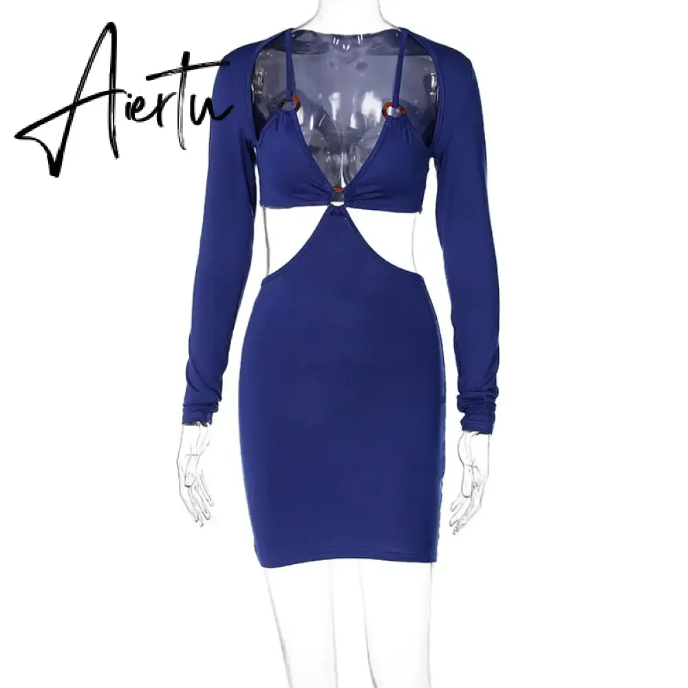 Aiertu Autumn Winter Women Hollow Out Patchwork Long Sleeve Midi Dress Revealing Neck Bodycon Sexy Casual Streetwear Y2K