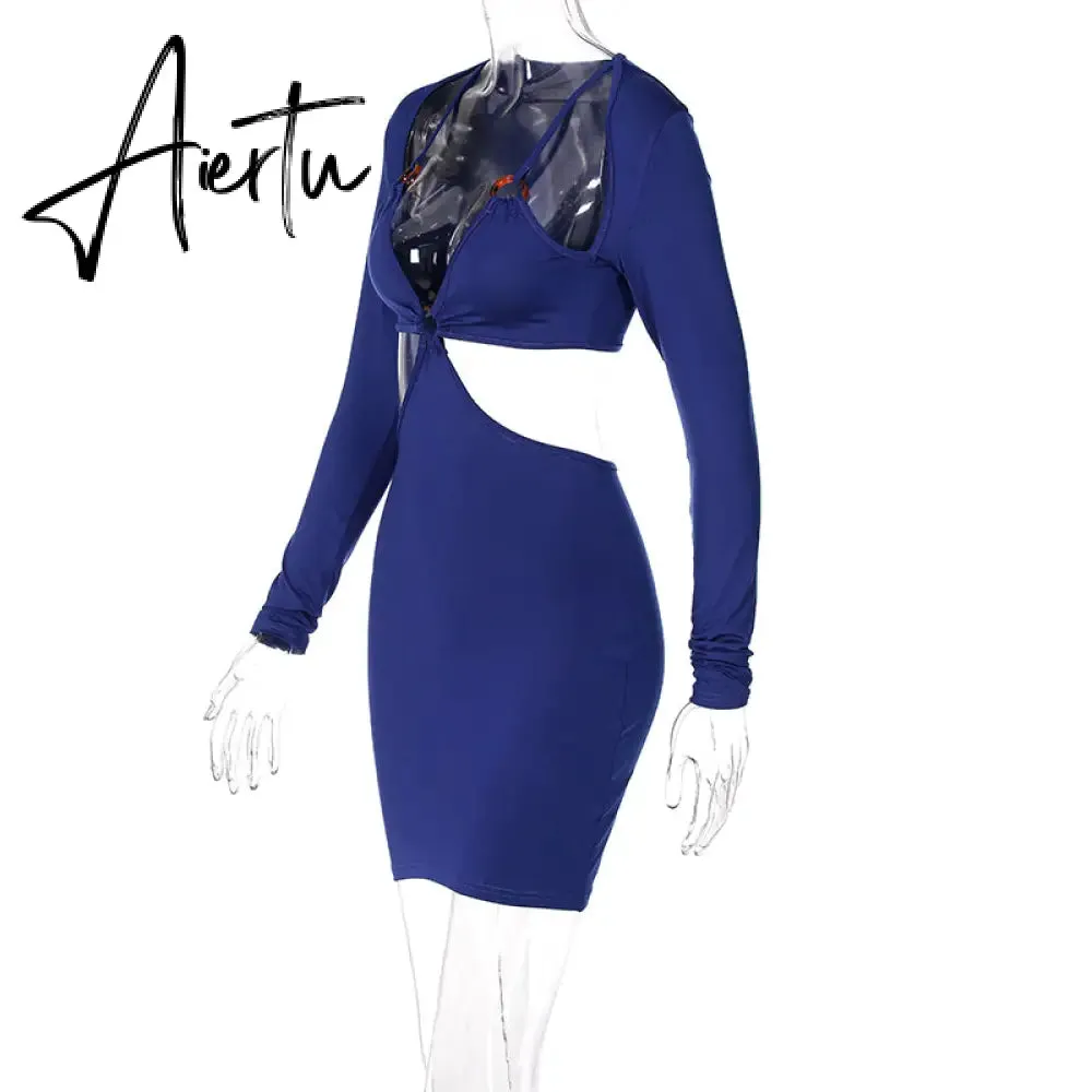 Aiertu Autumn Winter Women Hollow Out Patchwork Long Sleeve Midi Dress Revealing Neck Bodycon Sexy Casual Streetwear Y2K