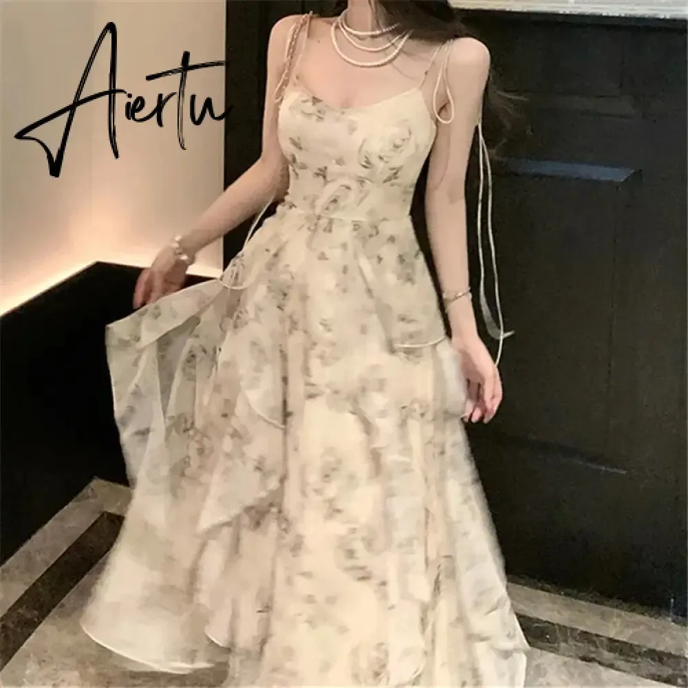 Aiertu Vintage Shivering Print Dress for Women Sling Sleeveless Slim Flounce Chiffon Casual Korean Long Dresses Female Clothing Summer