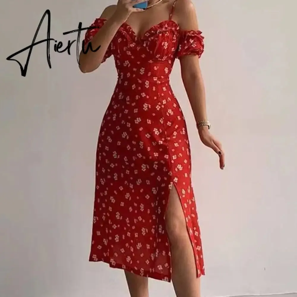 Aieru Sexy Sling Ruffle Strapless Slit Party Dress Women Summer Elegant Off Shoulder V Neck Long Dress Spring Floral Print Slim Dress