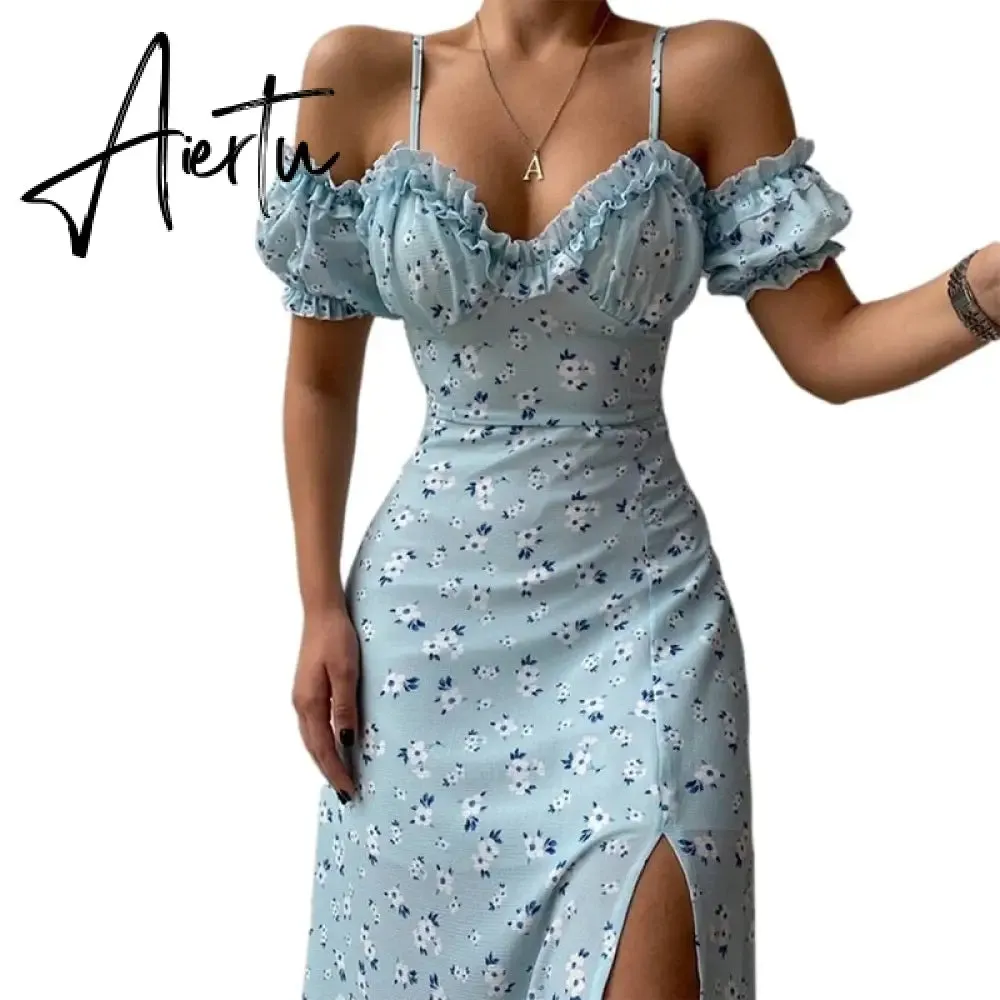 Aieru Sexy Sling Ruffle Strapless Slit Party Dress Women Summer Elegant Off Shoulder V Neck Long Dress Spring Floral Print Slim Dress