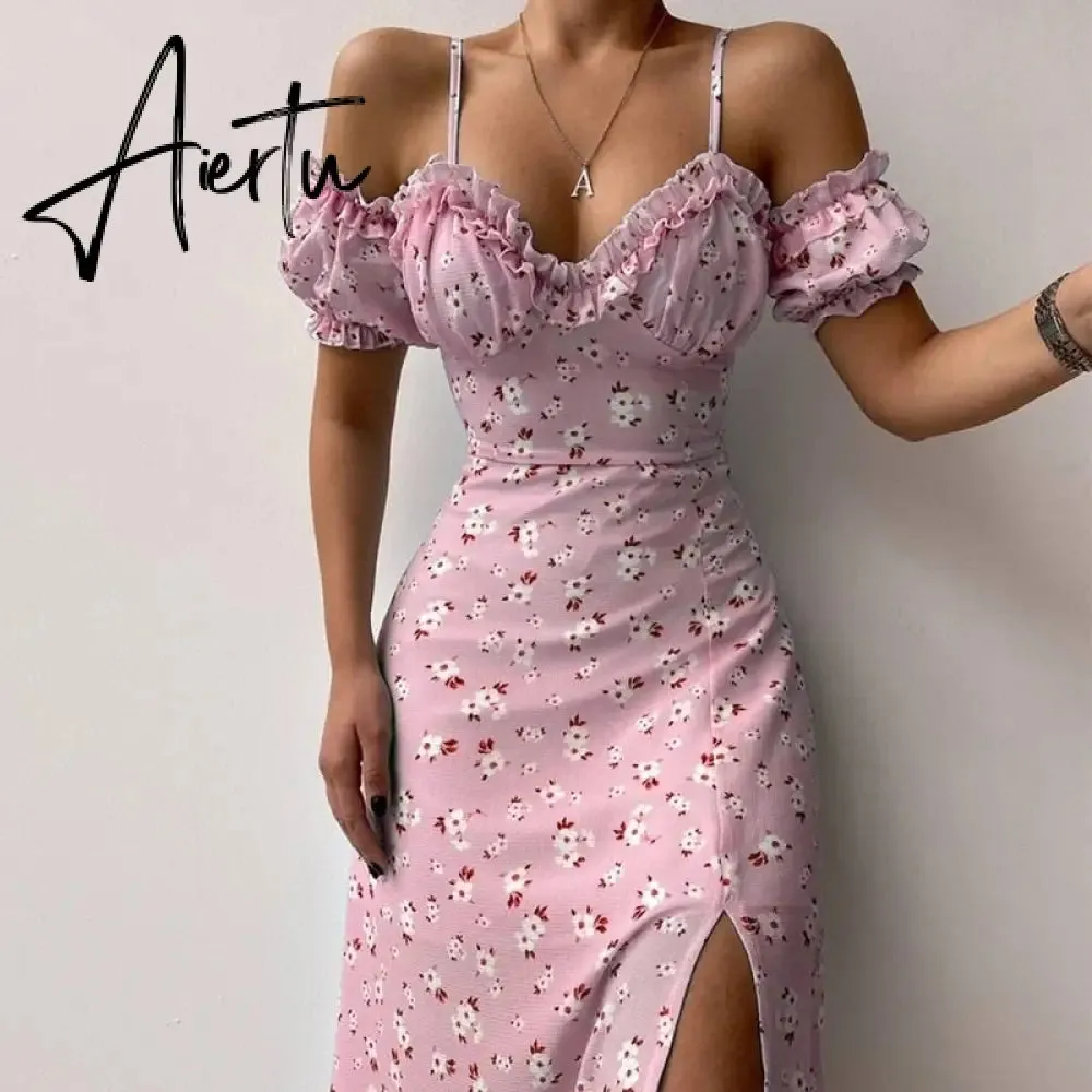 Aieru Sexy Sling Ruffle Strapless Slit Party Dress Women Summer Elegant Off Shoulder V Neck Long Dress Spring Floral Print Slim Dress