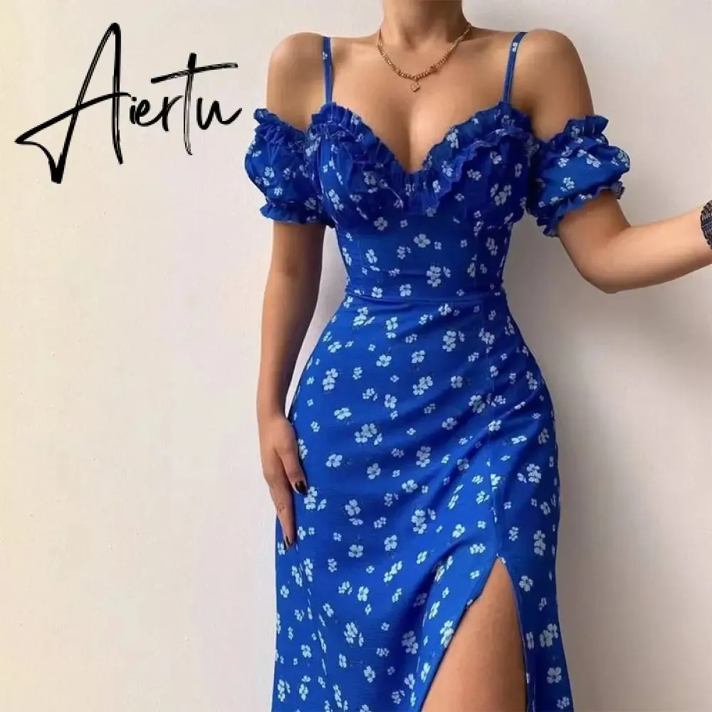 Aieru Sexy Sling Ruffle Strapless Slit Party Dress Women Summer Elegant Off Shoulder V Neck Long Dress Spring Floral Print Slim Dress