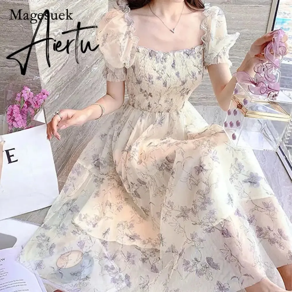 Aieru Sexy Sling Ruffle Strapless Slit Party Dress Women Summer Elegant Off Shoulder V Neck Long Dress Spring Floral Print Slim Dress