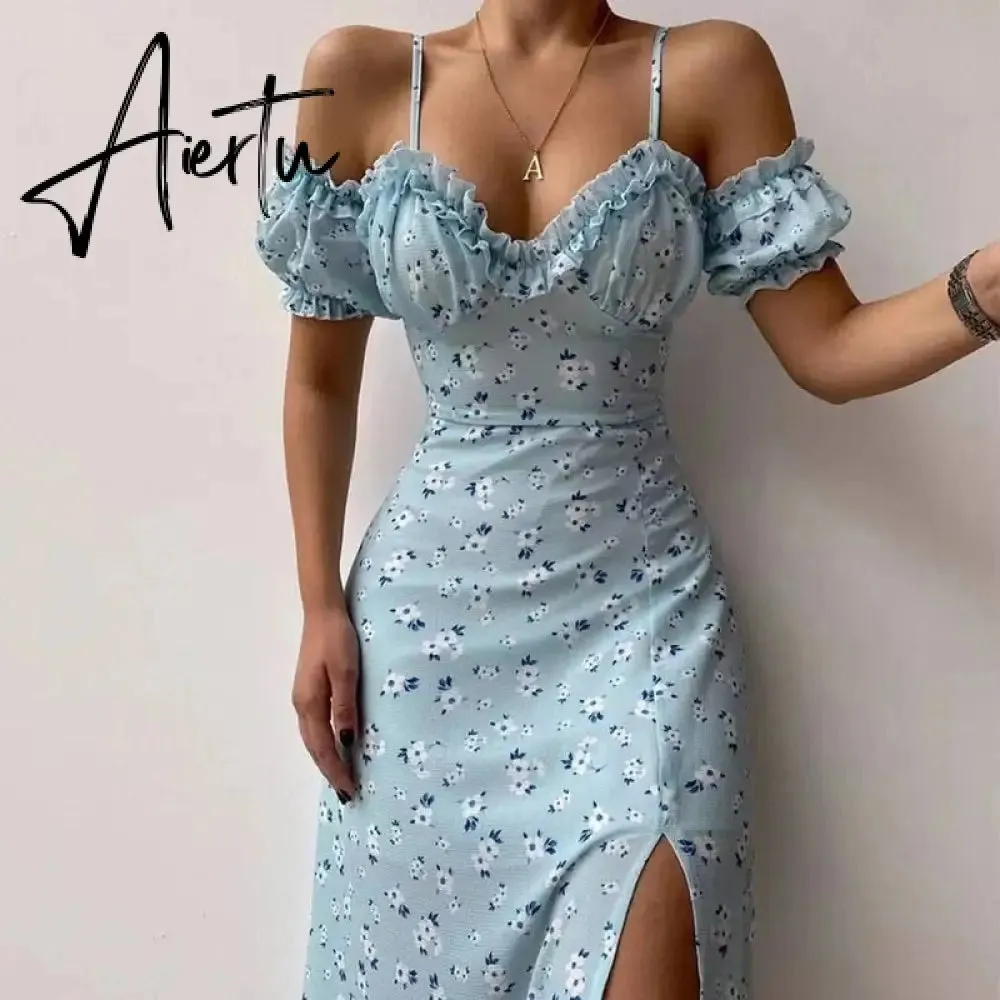 Aieru Sexy Sling Ruffle Strapless Slit Party Dress Women Summer Elegant Off Shoulder V Neck Long Dress Spring Floral Print Slim Dress