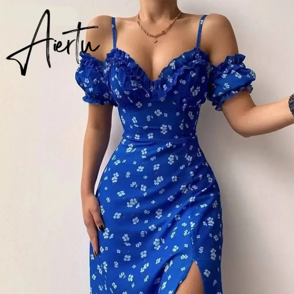 Aieru Sexy Sling Ruffle Strapless Slit Party Dress Women Summer Elegant Off Shoulder V Neck Long Dress Spring Floral Print Slim Dress