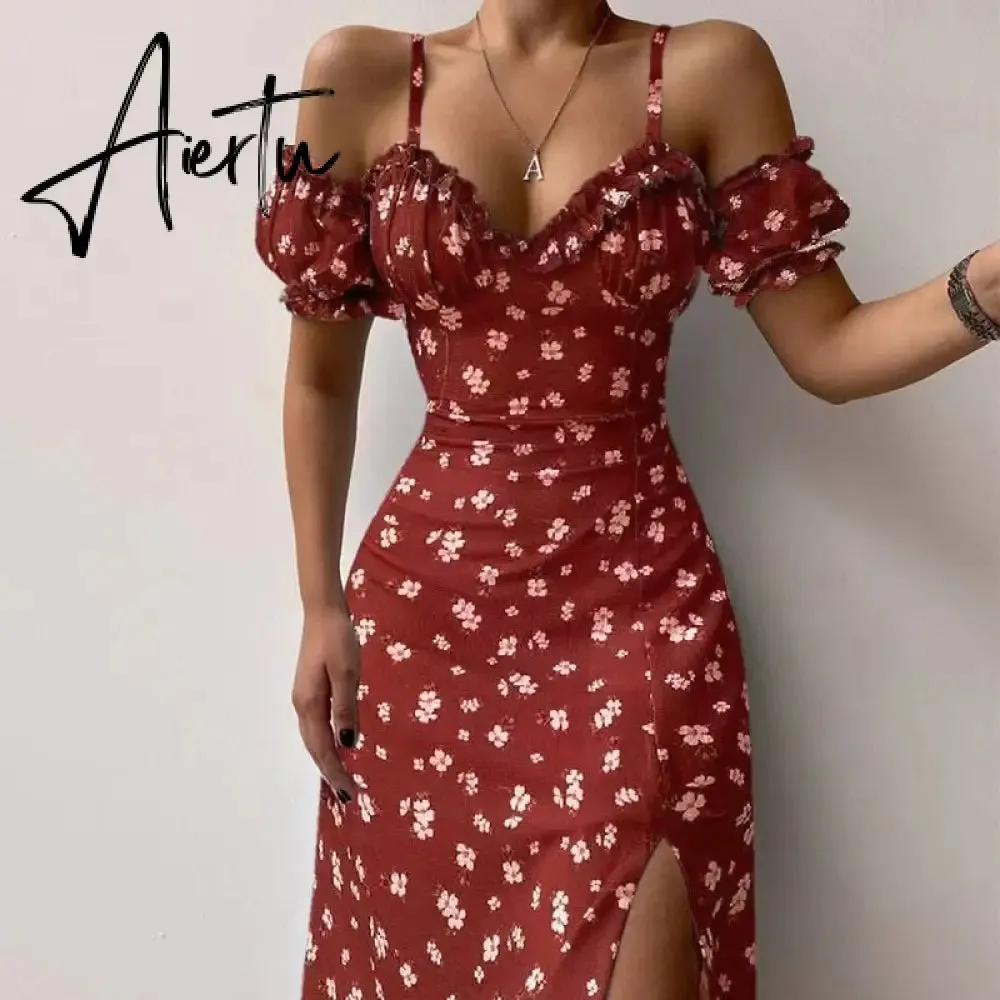 Aieru Sexy Sling Ruffle Strapless Slit Party Dress Women Summer Elegant Off Shoulder V Neck Long Dress Spring Floral Print Slim Dress