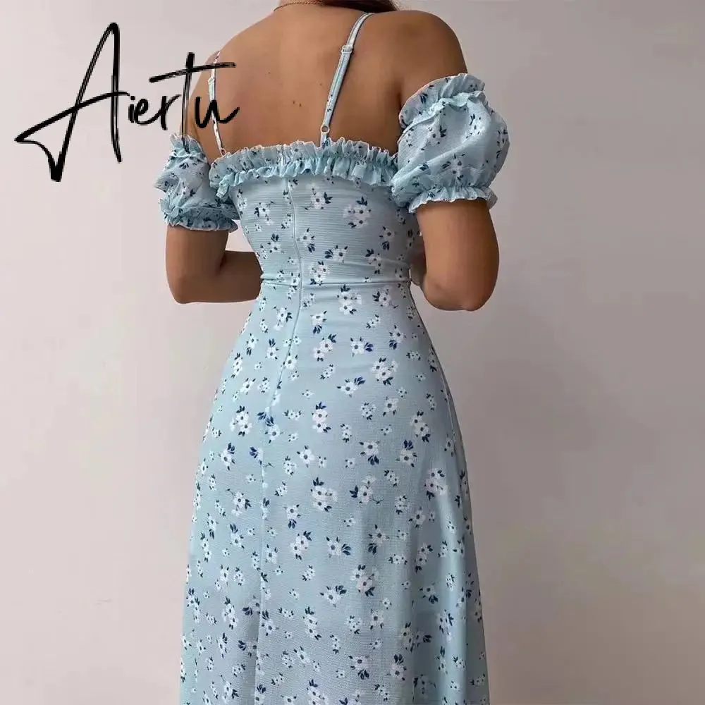 Aieru Sexy Sling Ruffle Strapless Slit Party Dress Women Summer Elegant Off Shoulder V Neck Long Dress Spring Floral Print Slim Dress