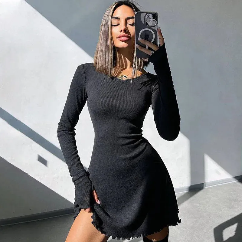 Amozae-hoco dresses Amozae Ribbed Long Sleeve Sexy Mini Dress For Women Autumn Winter New O Neck Bandage Lace-up Fashion Elegant Dress Vestidos