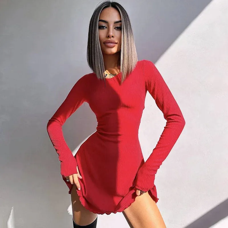 Amozae-hoco dresses Amozae Ribbed Long Sleeve Sexy Mini Dress For Women Autumn Winter New O Neck Bandage Lace-up Fashion Elegant Dress Vestidos