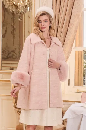 'Angelique' Wool Tweed and Faux Fur Swing Coat in Rosa