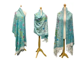 Aqua Shaded Floral Shawl With Stonework