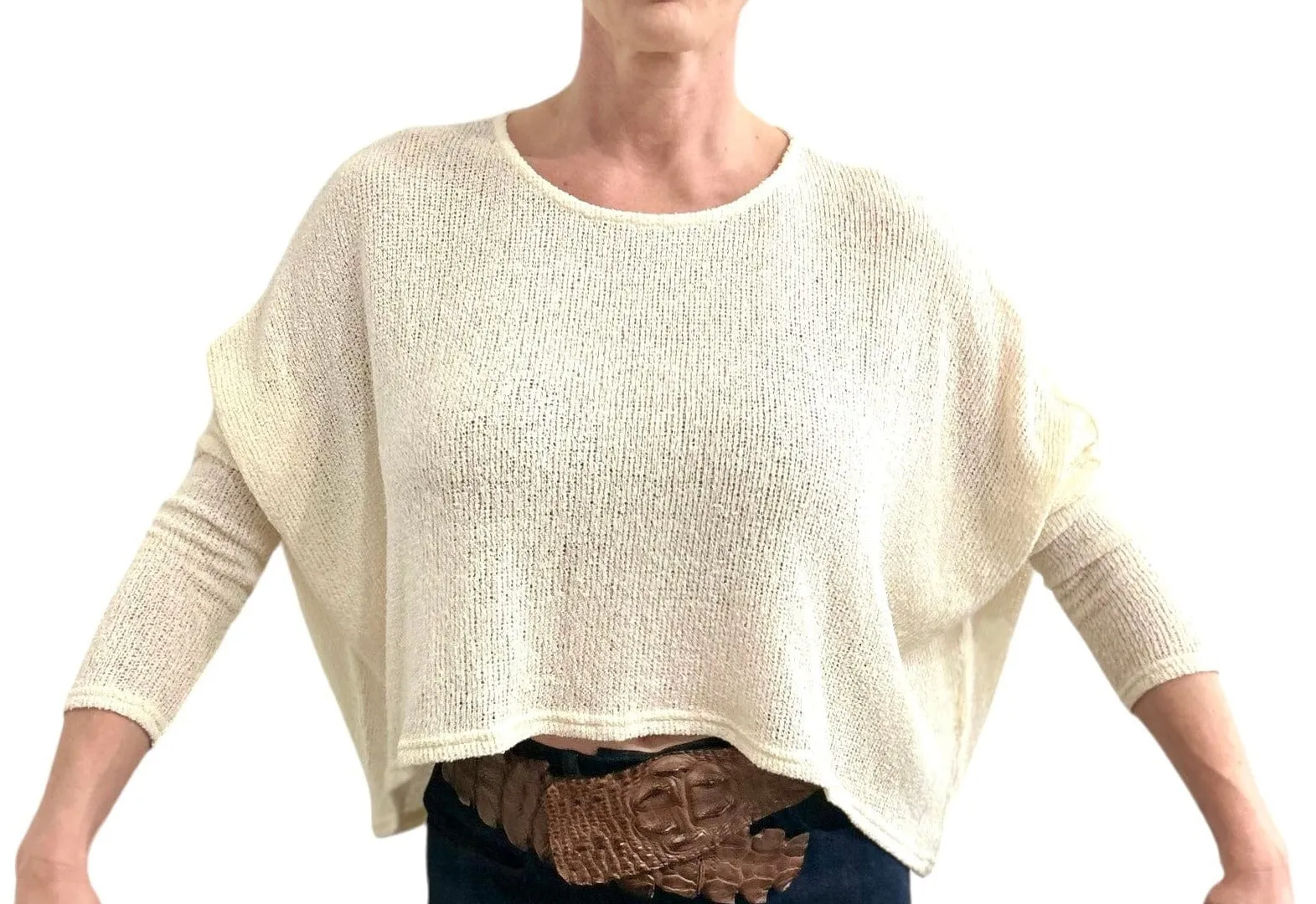 Asymmetric Knit Sweater Round Neck Cream