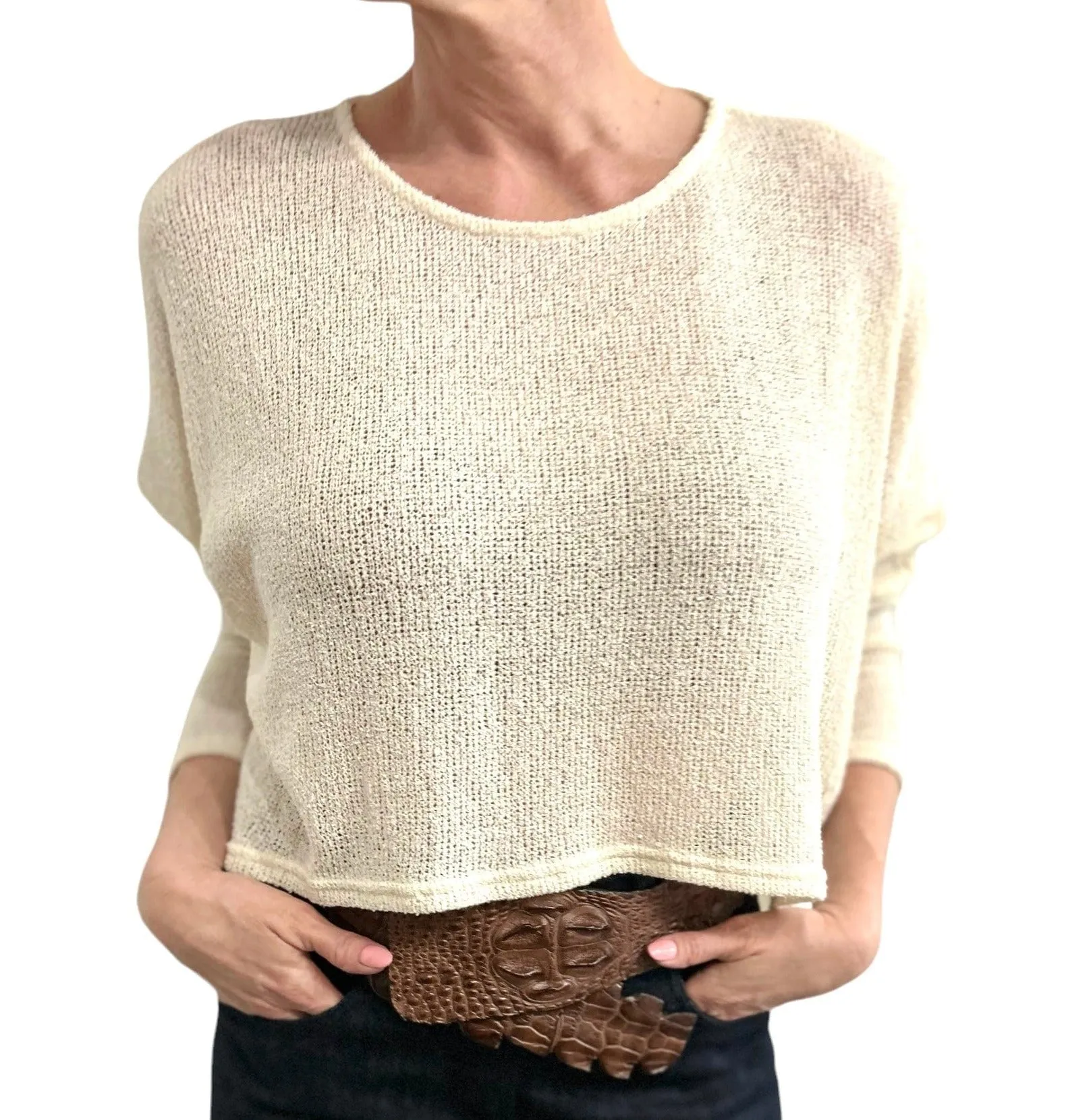 Asymmetric Knit Sweater Round Neck Cream