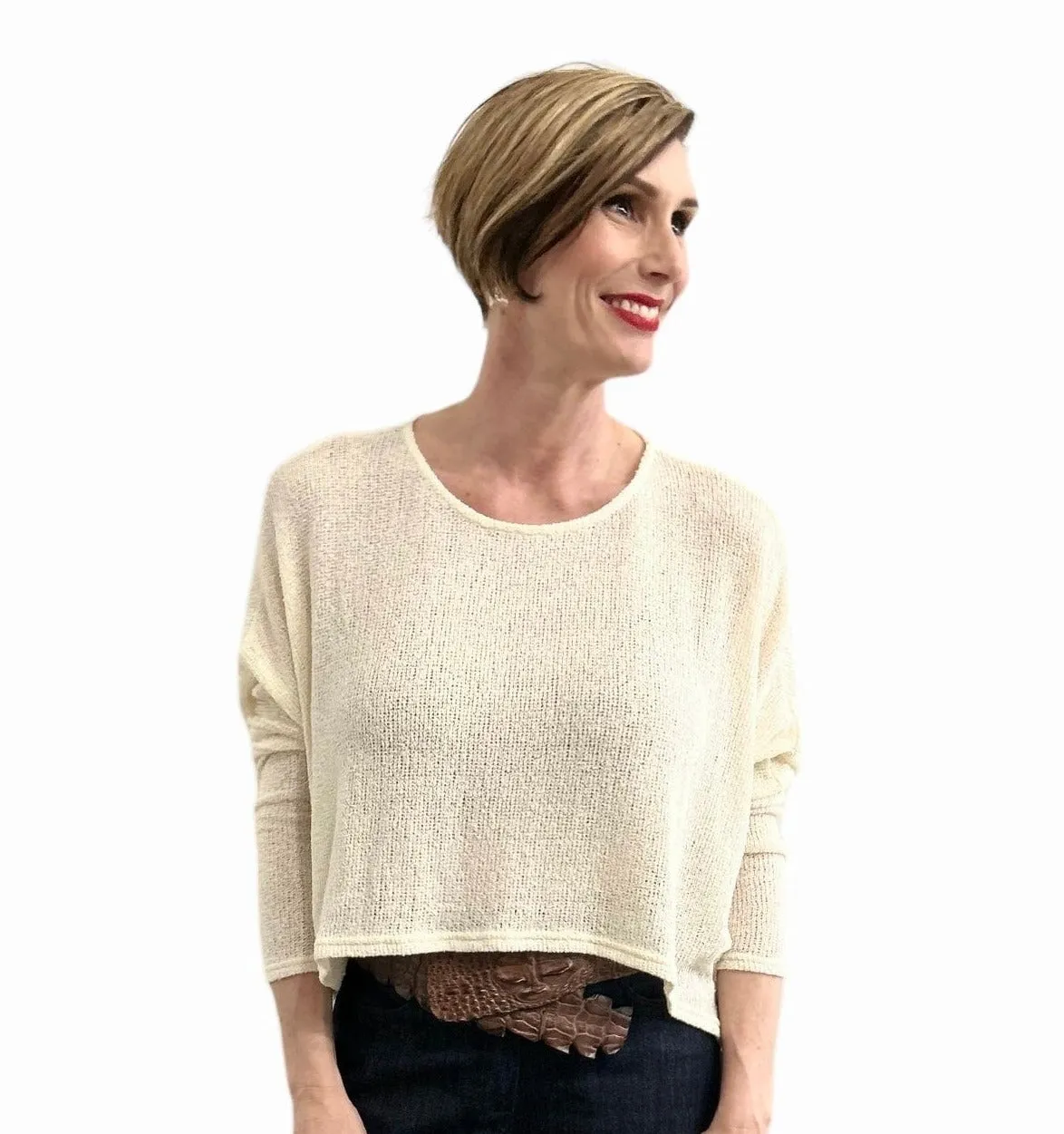 Asymmetric Knit Sweater Round Neck Cream