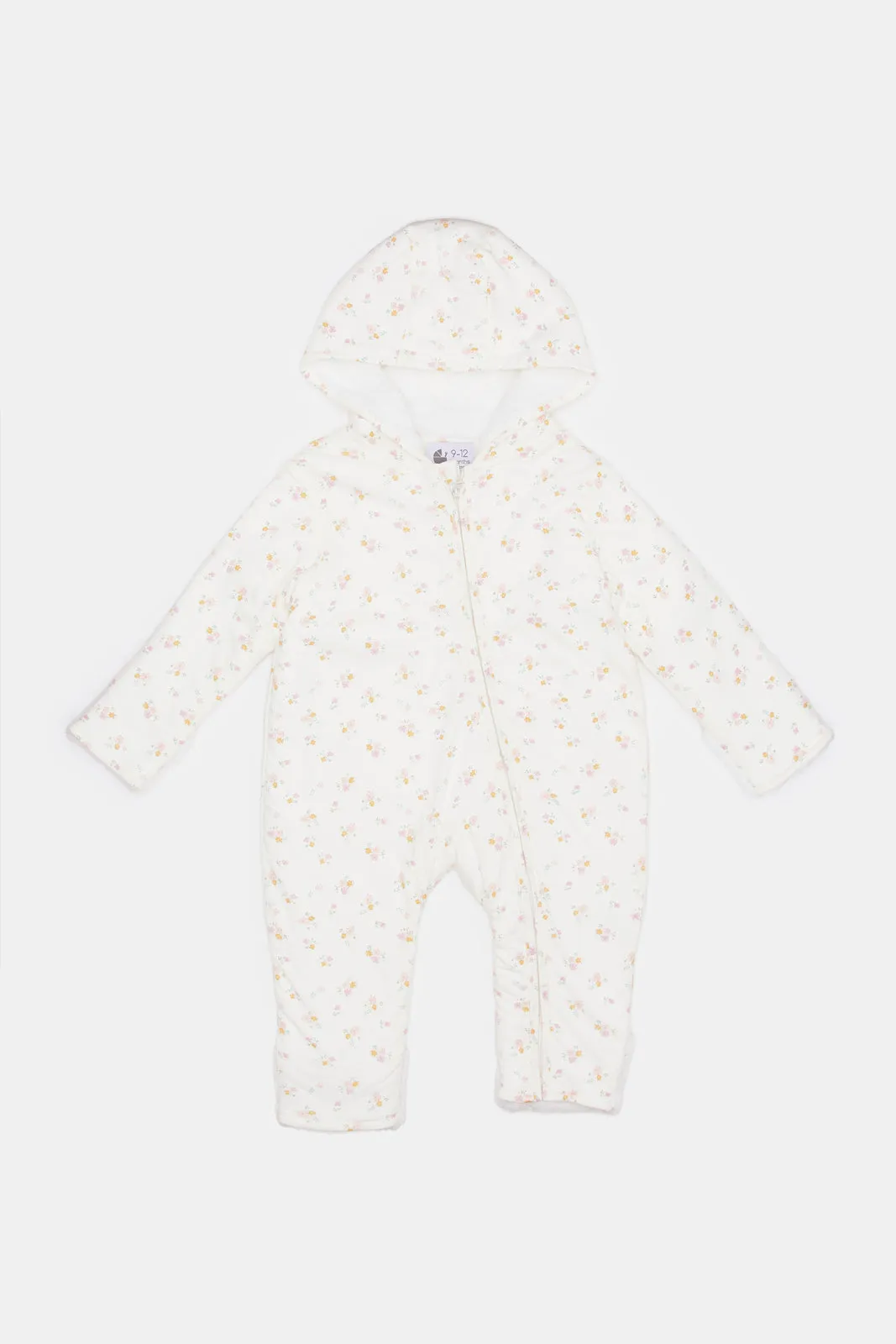 Babies Ecru Printed Hooded Jumpsuit Coat