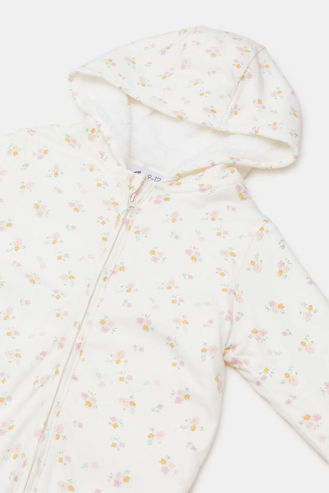 Babies Ecru Printed Hooded Jumpsuit Coat