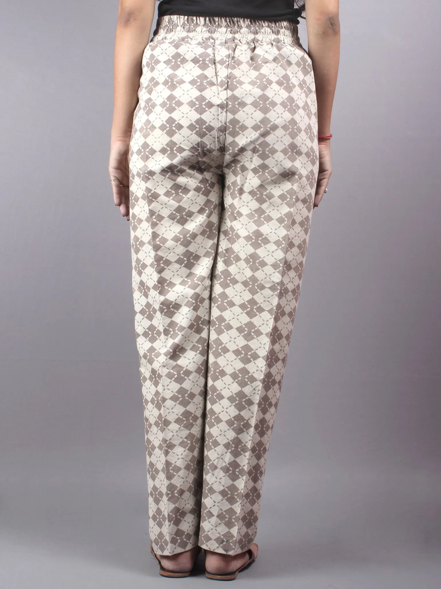 Beige Hand Block Printed Elasticated Waist Trousers- T0317019