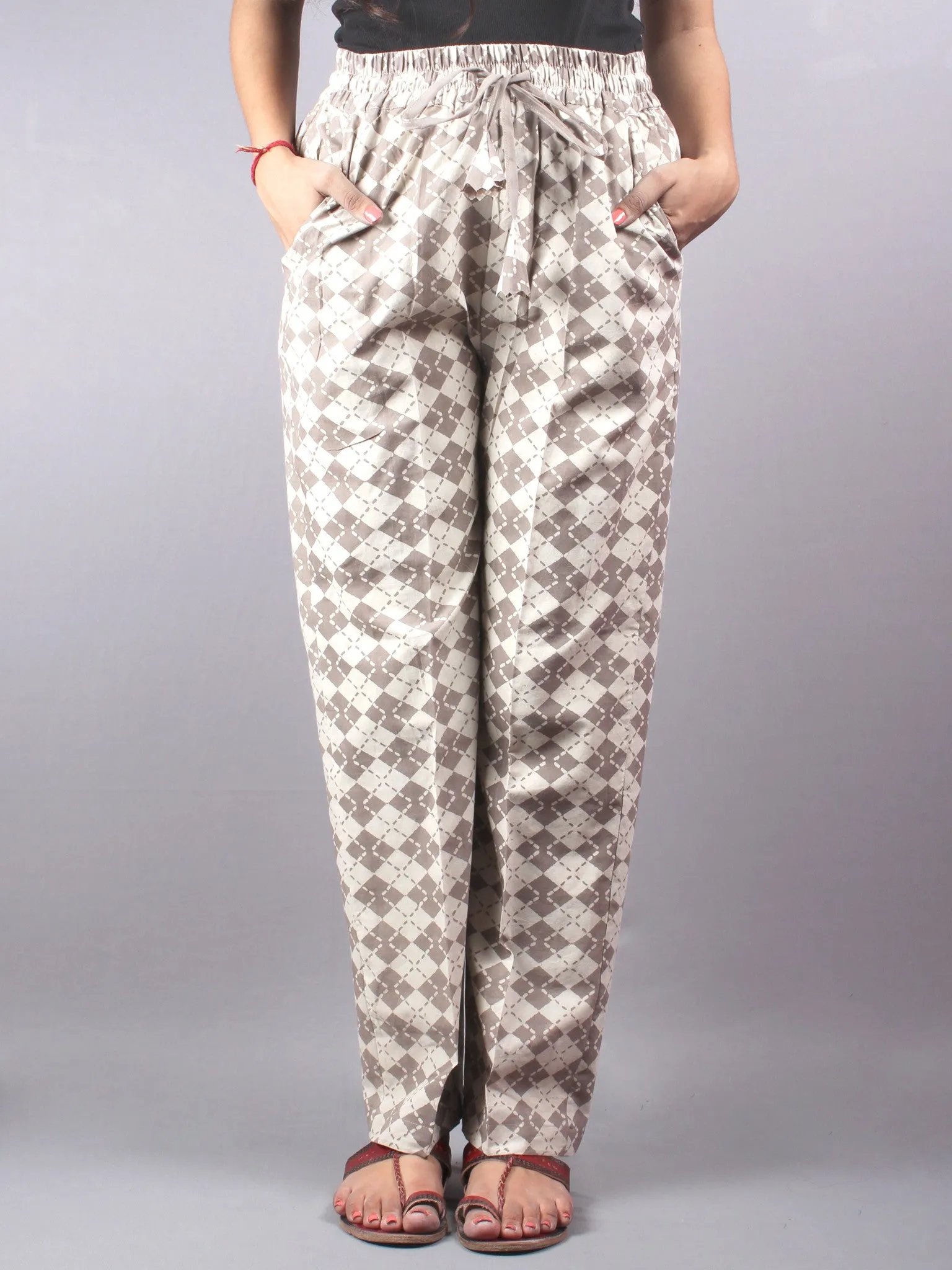 Beige Hand Block Printed Elasticated Waist Trousers- T0317019