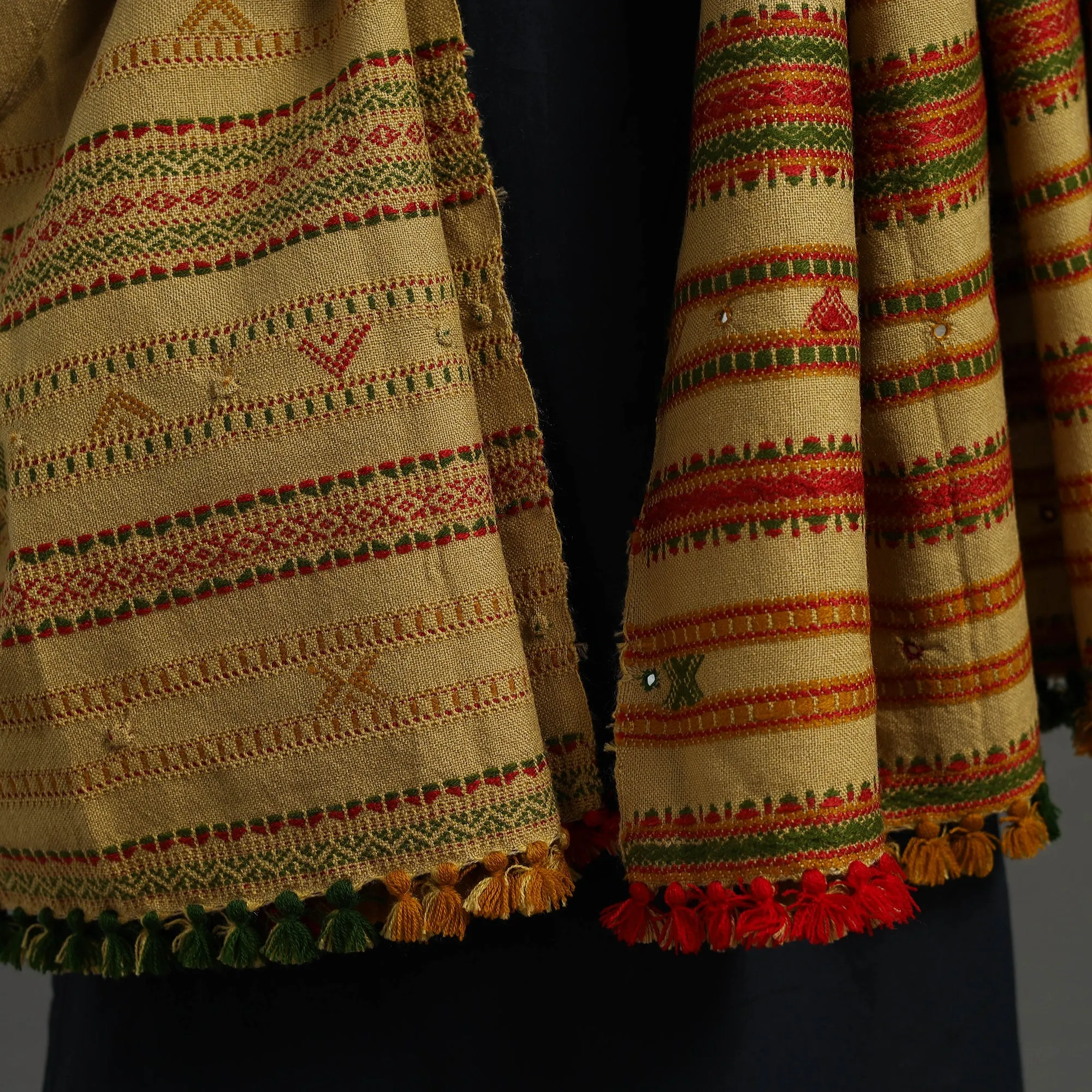 Beige - Kutch Handwoven Mirror Work Woollen Shawl 95