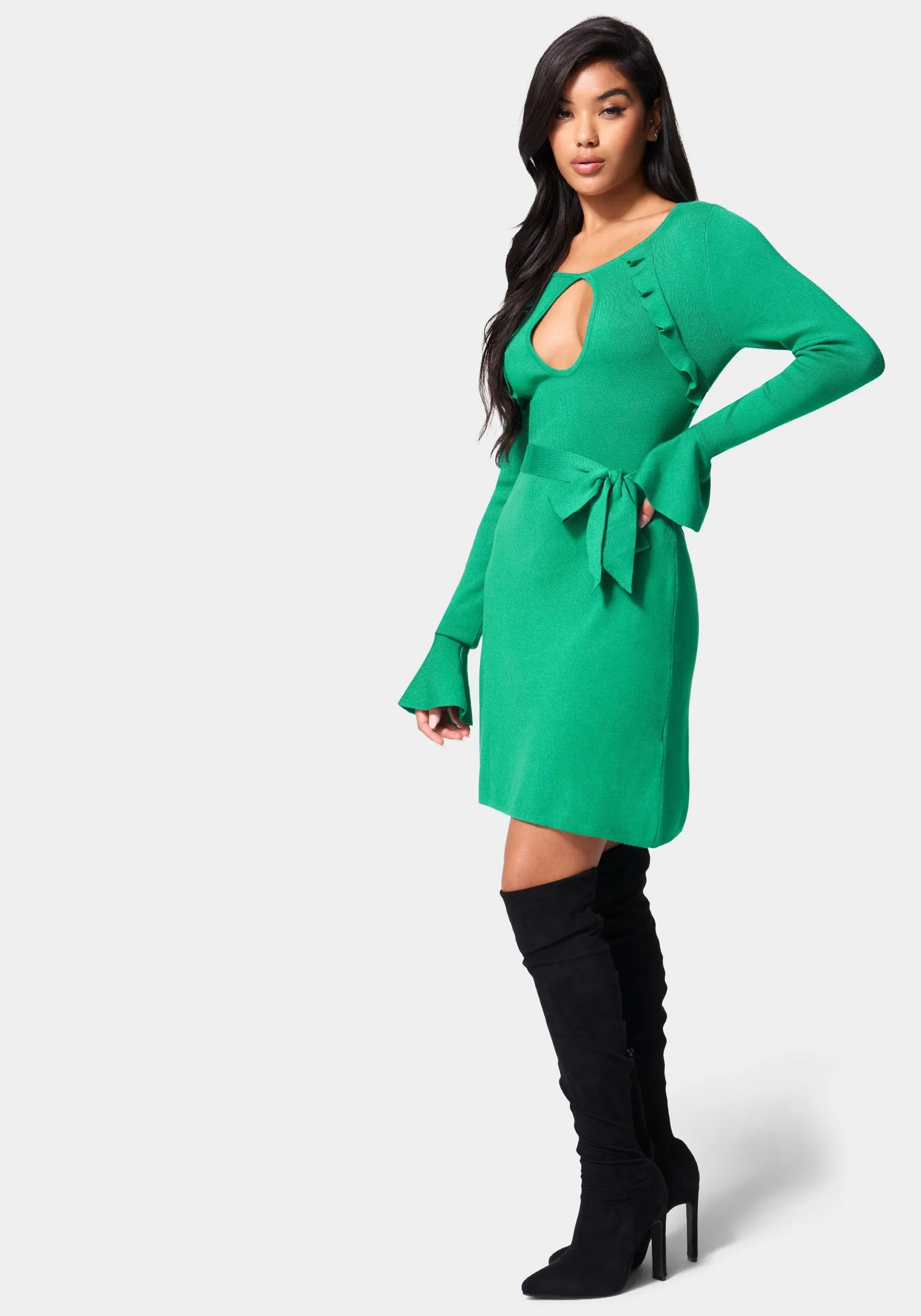 Bell Sleeve Belted Sweater Dress