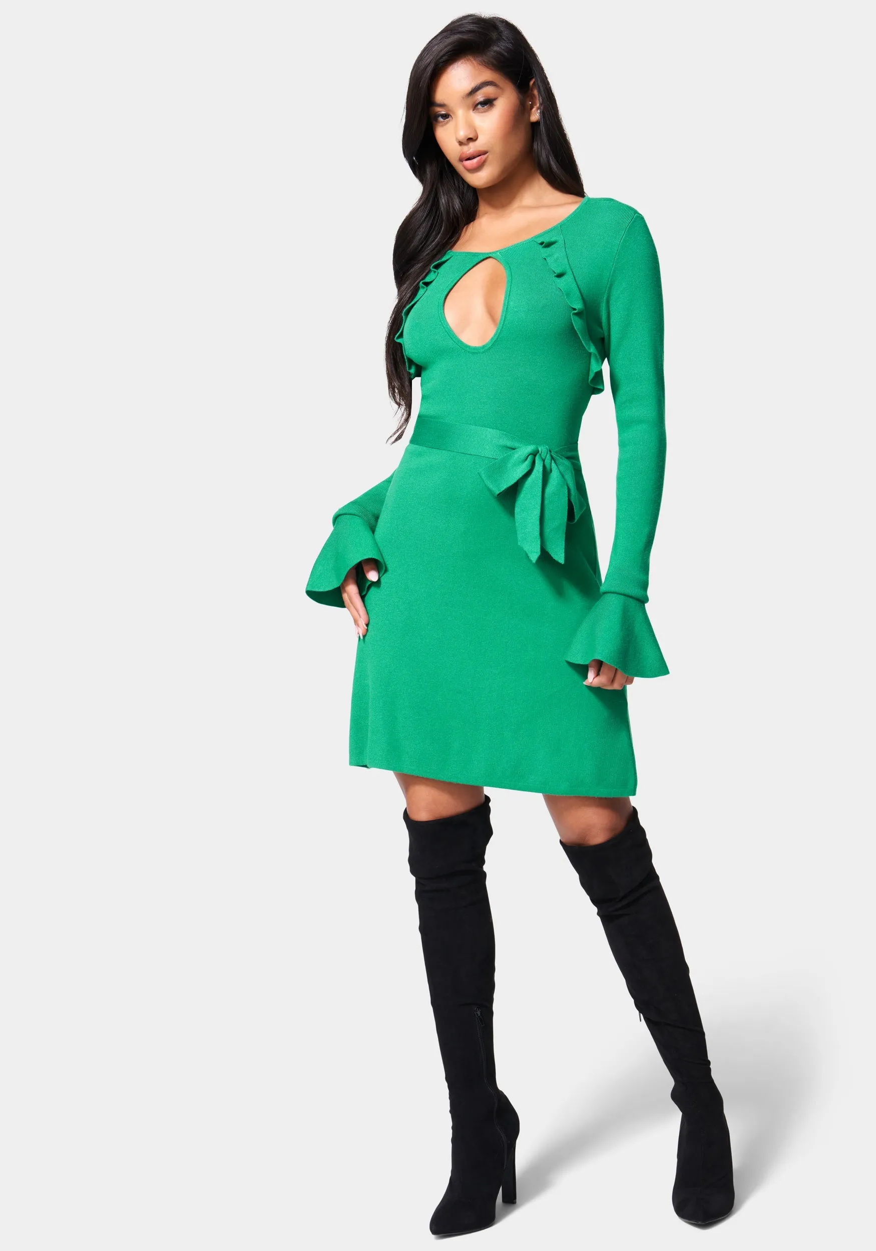 Bell Sleeve Belted Sweater Dress