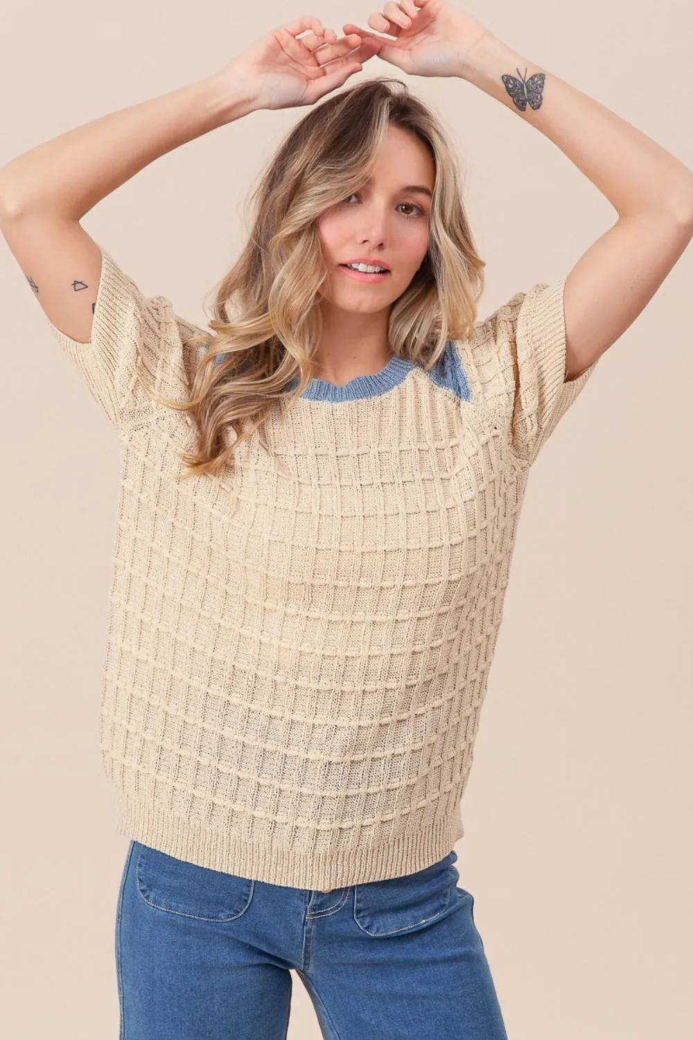 BiBi Textured Contrast Short Sleeve Sweater