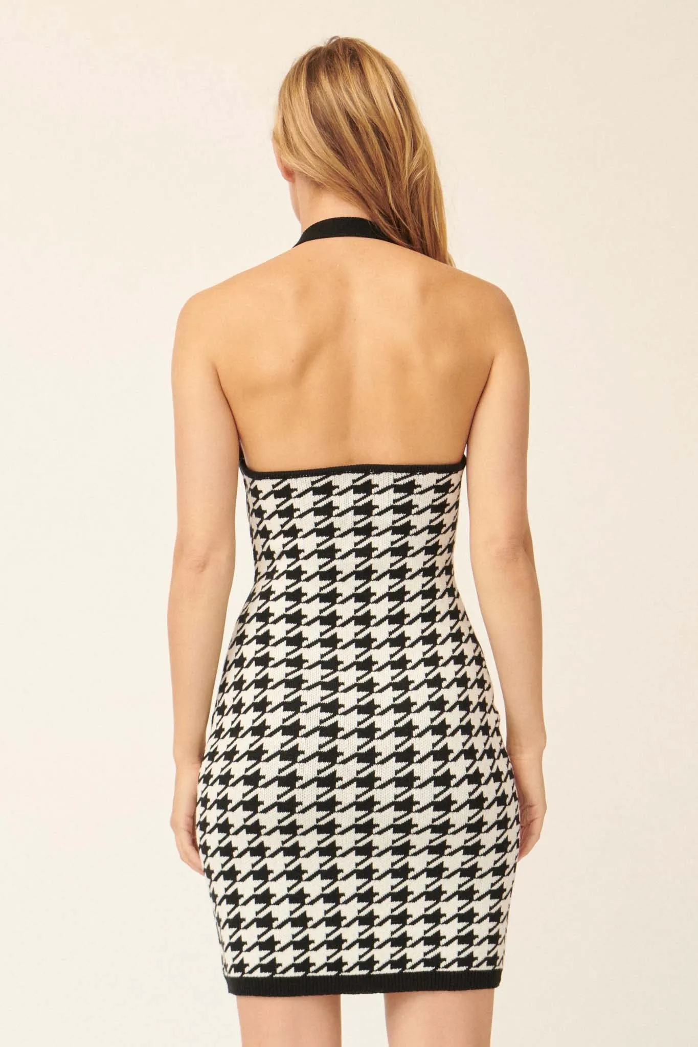 Bite Club Houndstooth Halter Mini Sweater Dress